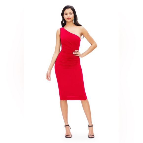 NWT Dress the Population Martine Dress One Shoulder Midi Red Rouge Women's XS